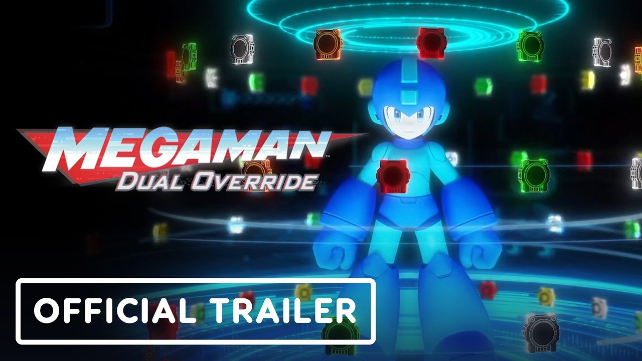 Mega Man rodeado de chips de habilidad en una imagen promocional de Mega Man: Dual Override