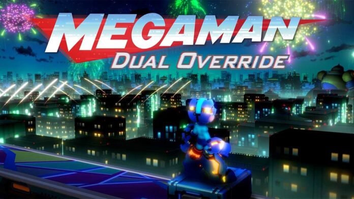Arte promocional de Mega Man: Dual Override con Mega Man en una azotea nocturna