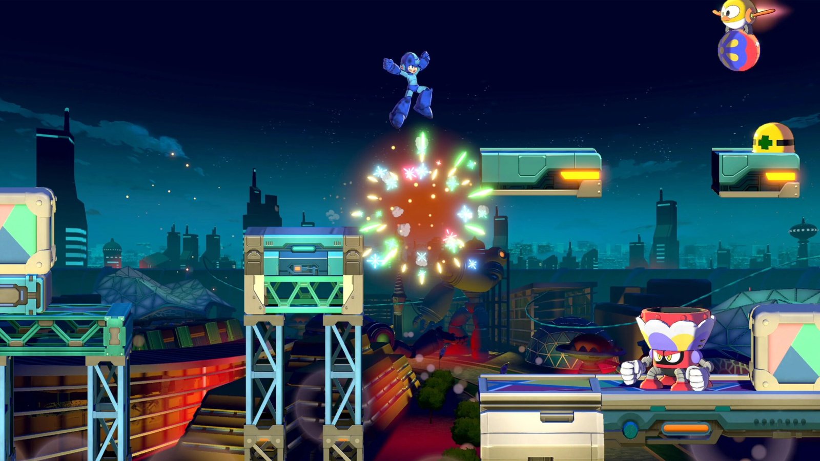 Captura de gameplay de Mega Man: Dual Override con Mega Man saltando en un escenario nocturno