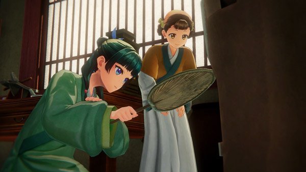 Maomao examinando pistas en una escena de investigación de The Apothecary Diaries: The False Imperial Brother
