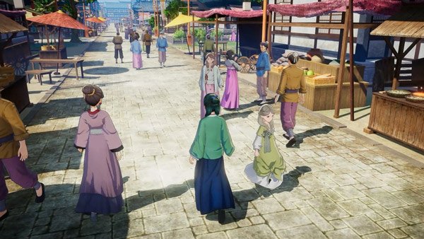 Escena callejera del videojuego The Apothecary Diaries: The False Imperial Brother con Maomao