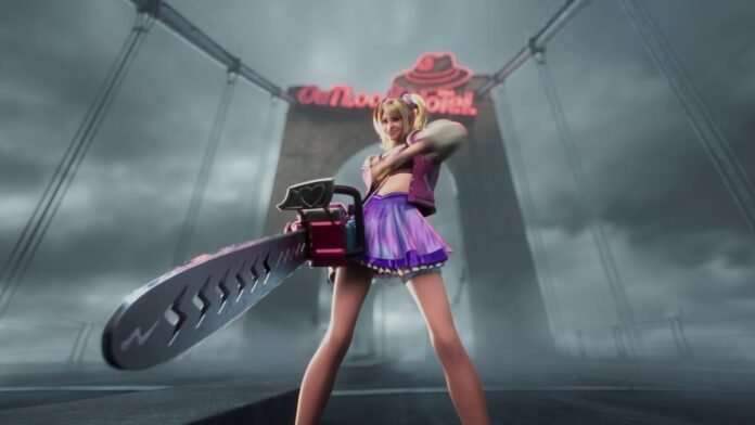 Juliet Starling con su motosierra en un puente de Lollipop Chainsaw 2 Back2Back