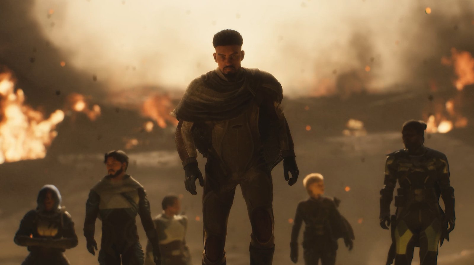 Grupo de personajes avanzando entre el humo en una escena del modo historia de Dune: Awakening