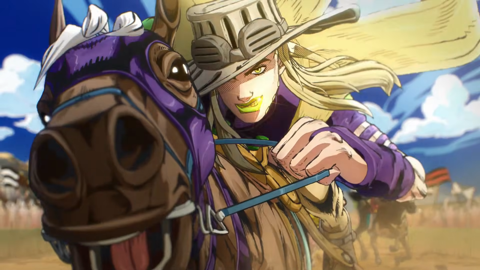 Gyro Zeppeli a caballo durante la carrera de Steel Ball Run en el nuevo opening