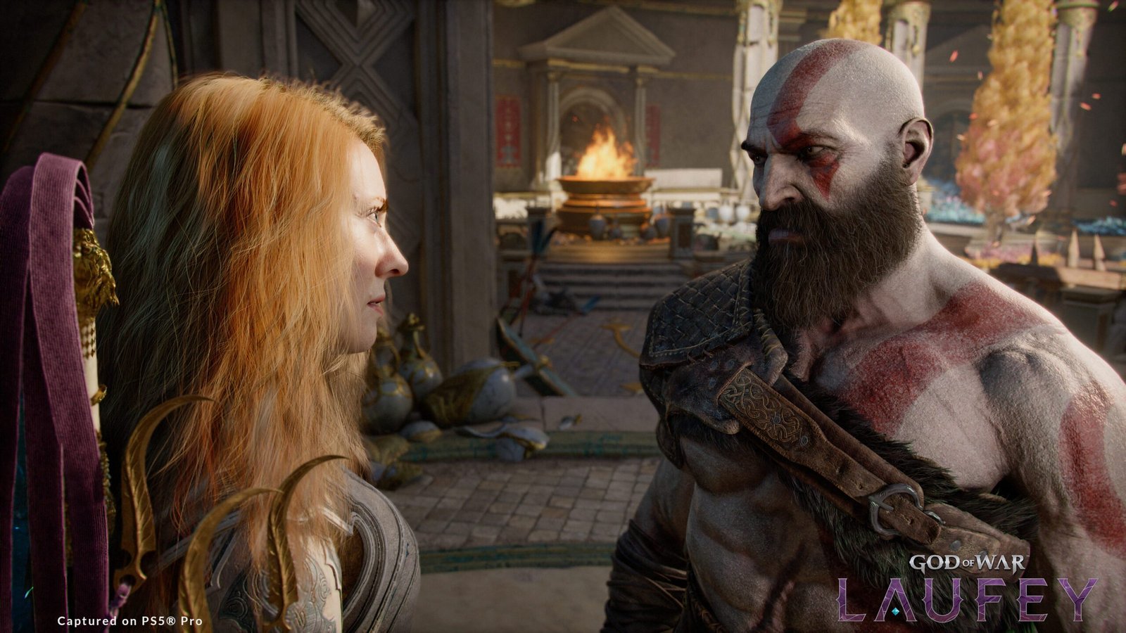 Faye y Kratos frente a frente en una escena de God of War Laufey
