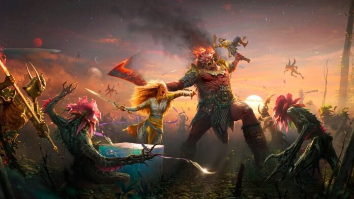 Arte clave de God of War Laufey con Faye enfrentándose a un gigante nórdico
