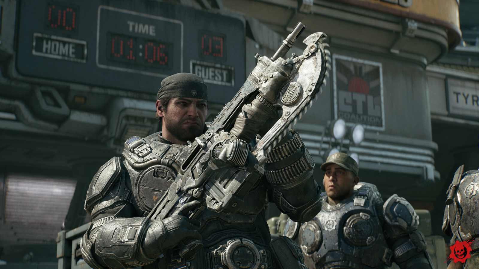Marcus Fenix empuñando el Lancer en Gears of War: E-Day