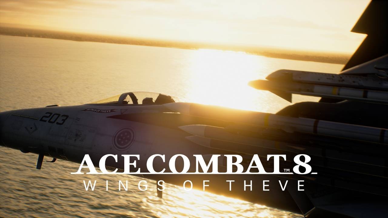 Caza de Ace Combat 8: Wings of Theve volando al atardecer sobre el mar