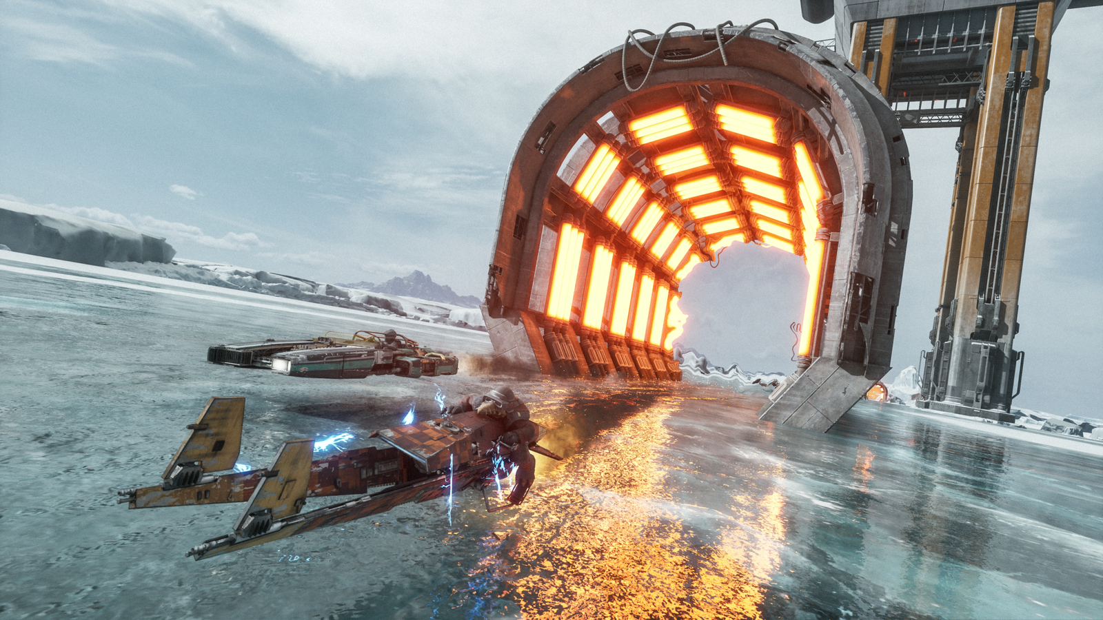 Carrera a través de un portal en un planeta helado en Star Wars: Galactic Racer