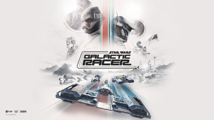 Arte oficial de Star Wars: Galactic Racer con pódracers y personajes del juego